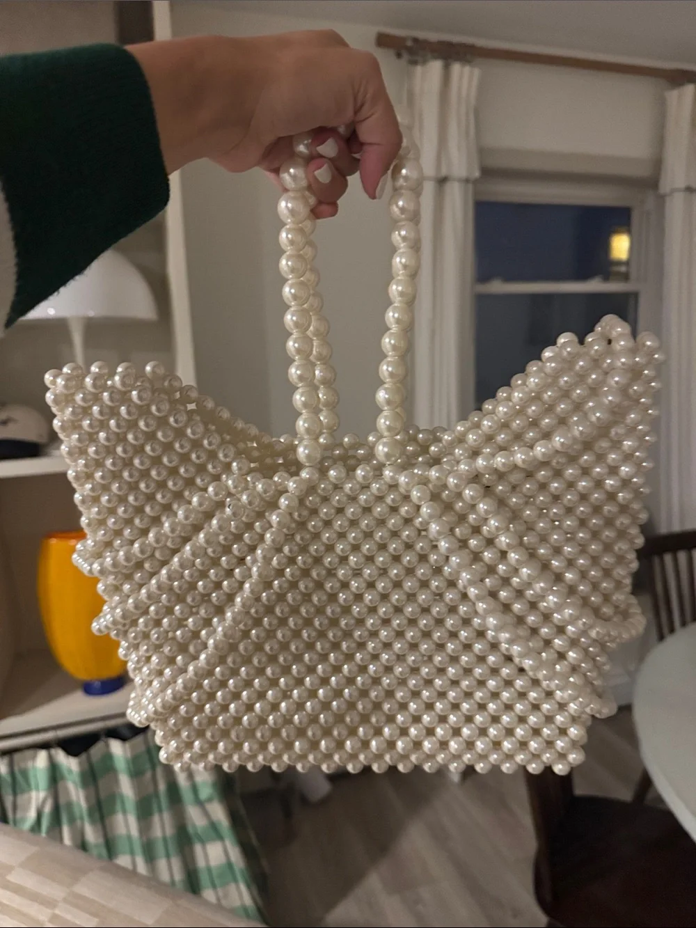 Pearl-Beaded Evening Clutch Wristlet - Cream